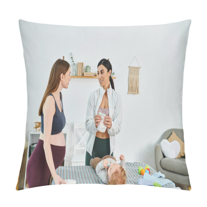 Personality  A Young Mother Stands Lovingly Next To Her Baby Laying On A Bed, Supported By Her Coach From Parents Courses. Pillow Covers