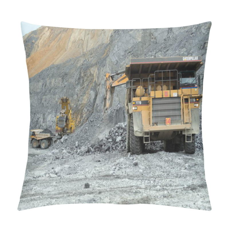 Personality  BELOGORSK, RUSSIA - JUNE 22, 2014: Excavators Pour Nepheline Ore Into Dump Trucks Of Caterpillar In A Career. The Mine Is Located In The Village Of Belogorsk, Kemerovo Region. Siberia, Russia. Pillow Covers