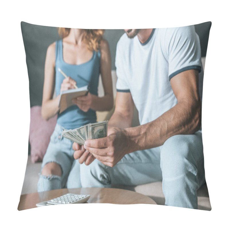 Personality  Cropped Image Of Couple Planning Family Budget And Counting Money In Living Room Pillow Covers