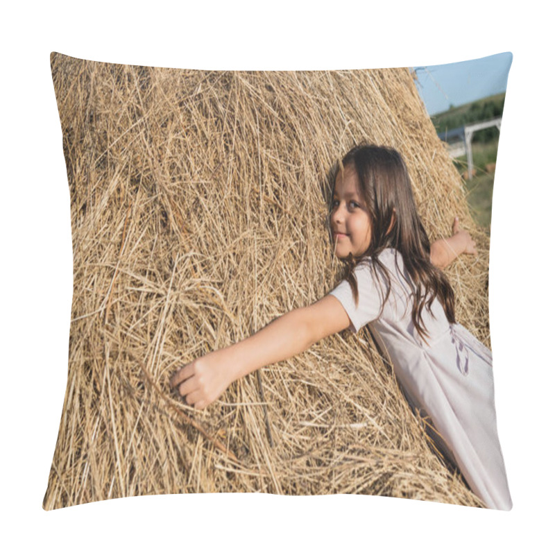 Personality  Pleased Brunette Girl Embracing Haystack And Looking At Camera  Pillow Covers