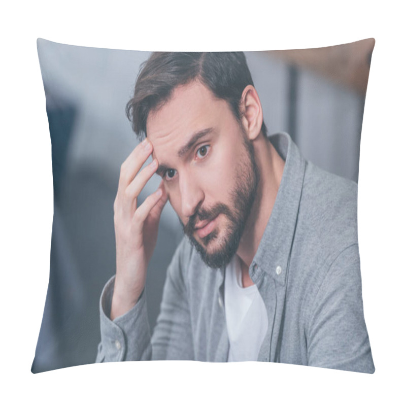 Personality  Handsome Upset Man Sitting, Touching Face And Grieving At Home Pillow Covers