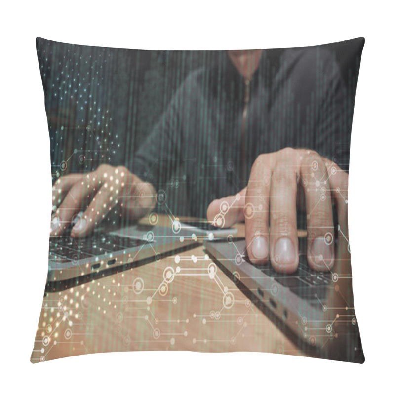 Personality  Partial View Of Hacker Using Laptops At Tabletop With Smartphone, Cyber Security Concept Pillow Covers