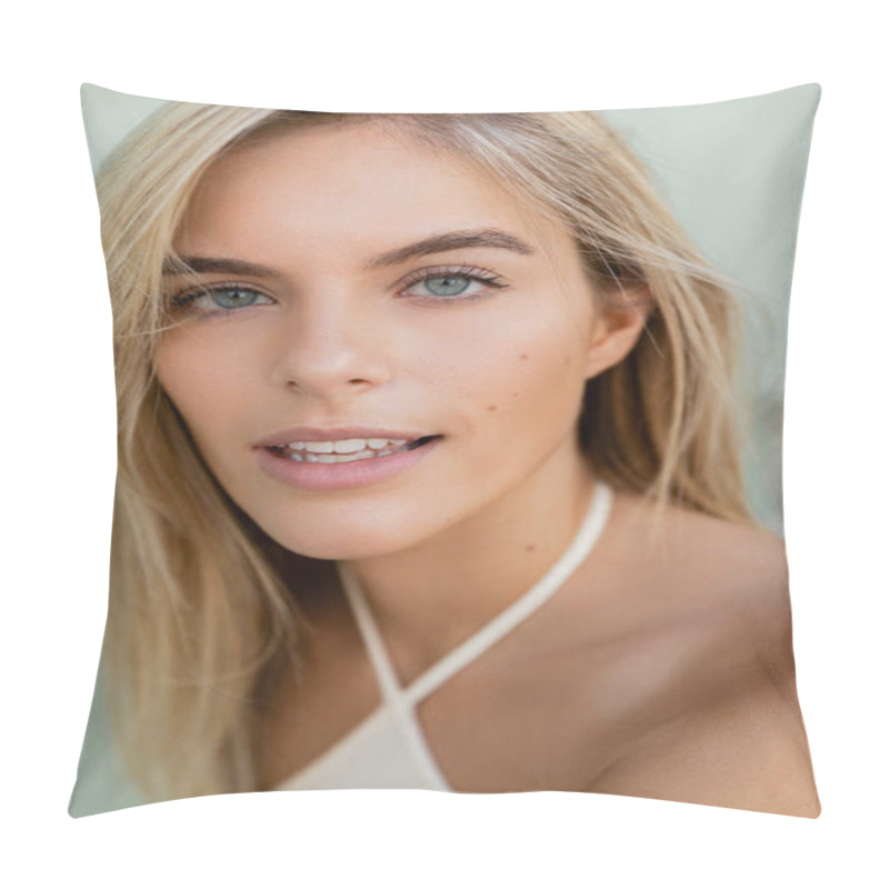 Personality  A Young And Beautiful Blonde Woman With Blue Eyes In Miami, Captured In A Moment Of Serenity And Elegance. Pillow Covers