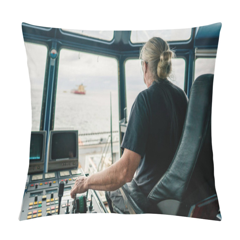 Personality  Captain Of Deck Officer On Bridge Of Vessel Or Ship During Navigaton Watch At Sea Pillow Covers