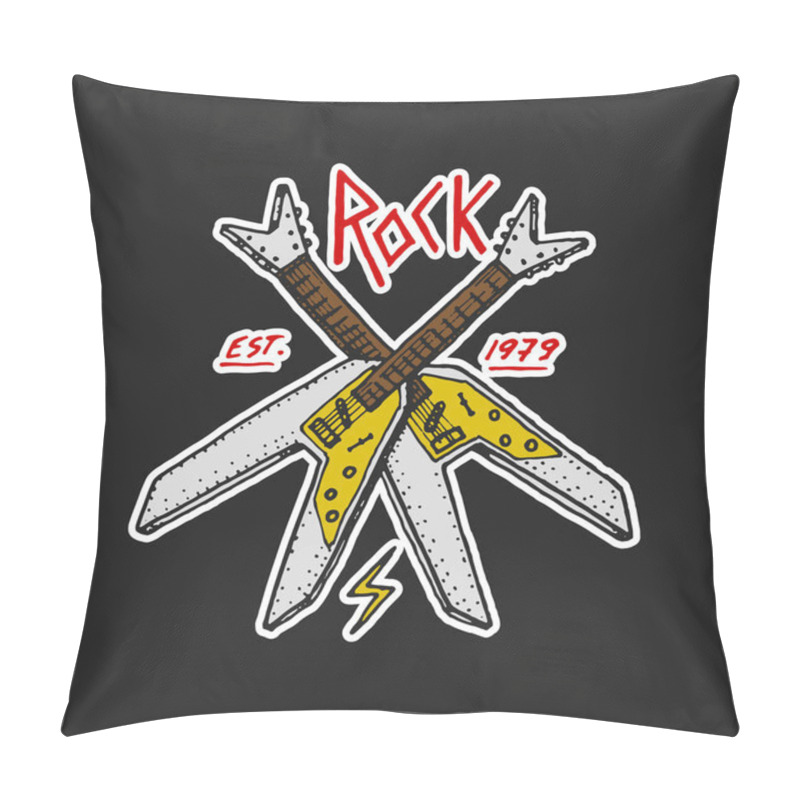 Personality  Rock And Roll Music Symbols With Guitar Wings Skull, Drums Plectrum. Labels, Logos. Heavy Metal Templates For Design T-shirt, Night Party And Festival. Hand Drawn. Engraved Sketch. Pillow Covers