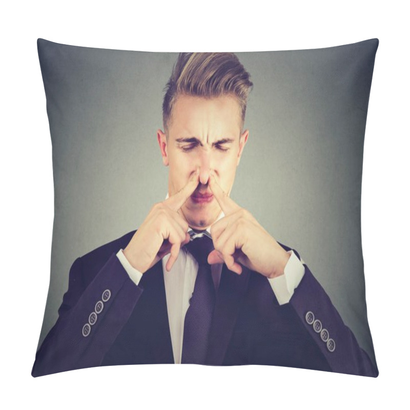 Personality  Man Pinches Nose With Fingers Looks With Disgust Something Stinks Bad Smell.  Pillow Covers