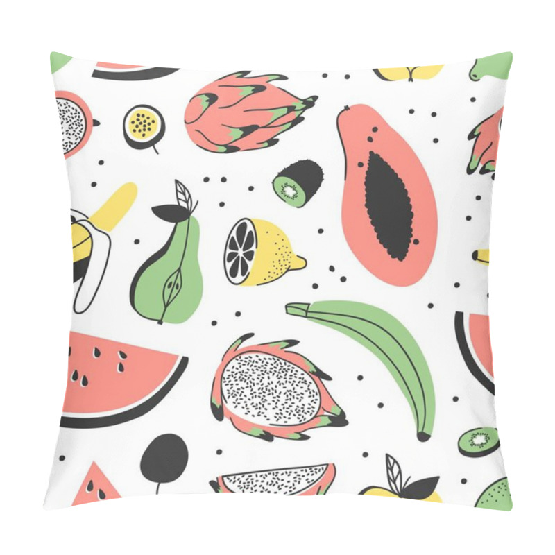 Personality  Hand Drawn Set Of Tropical Fruits. Vector Artistic Seamless Pattern With Food. Summer Illustration Watermelon, Banana, Papaya, Pitaya, Pear, Apple, Lemon, Passion Fruit And Kiwi Pillow Covers