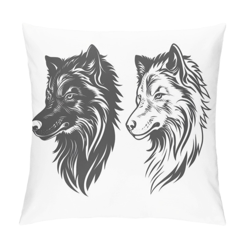 Personality  Stylized Illustrations Of Wolf Heads Featuring Intricate Line Work And Contrasting Colors. Pillow Covers