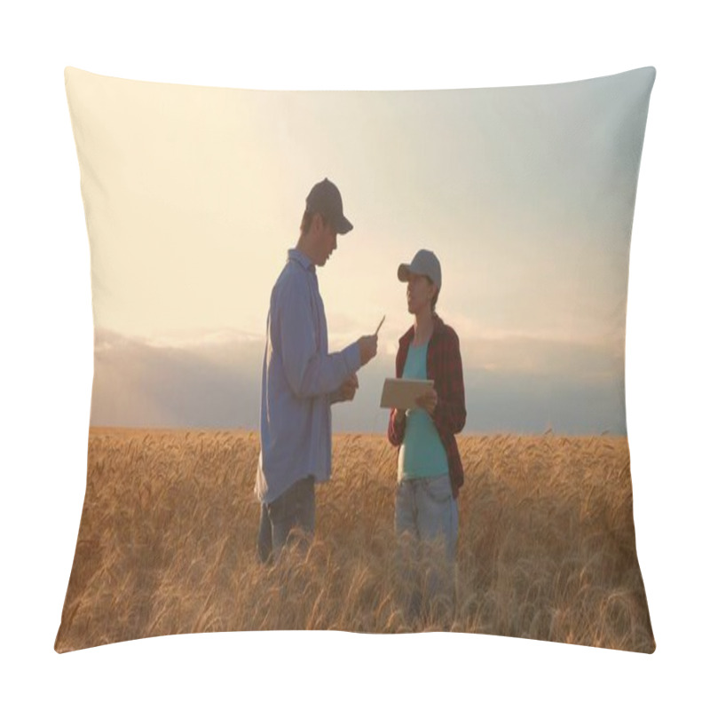 Personality  Farmers Male And Female Working With A Tablet In Wheat Field, In The Sunset Light. Businessmen Studies Income In Agriculture. Agronomists With Tablet Study Wheat Crop In Field. Agriculture Concept. Pillow Covers