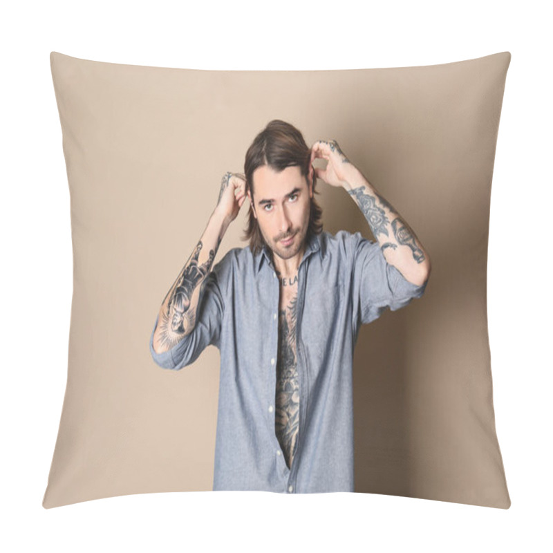 Personality  Young Man With Tattoos On Body Against Beige Background Pillow Covers