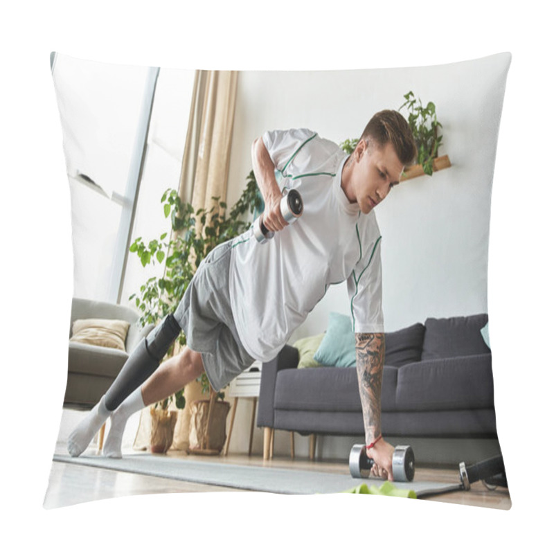 Personality  A Young, Handsome Man Works Out At Home, Showcasing His Determination While Using Weights. Pillow Covers