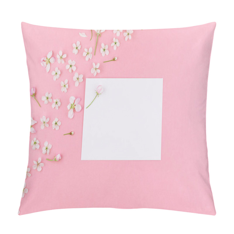 Personality  Creative Flat Lay Concept Top View Of Blank Postcard Frame Mock Up And Cherry Tree Flowers On Pastel Millennial Pink Background With Copy Space In Minimal Style, Template For Lettering, Text Or Design Pillow Covers