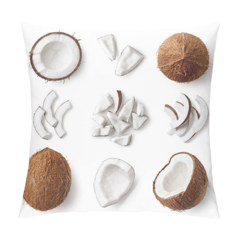 Personality  Set Of Fresh Whole And Half Coconut And Slices Isolated On White Background, Top View Pillow Covers