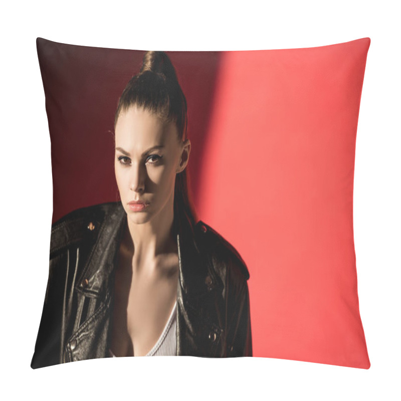 Personality  Portrait Of Attractive Young Woman Posing In Black Leather Jacket For Fashion Shoot On Red Pillow Covers