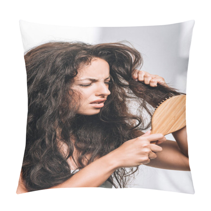 Personality  Confused Brunette Woman Styling Unruly Curly Hair With Hairbrush Pillow Covers