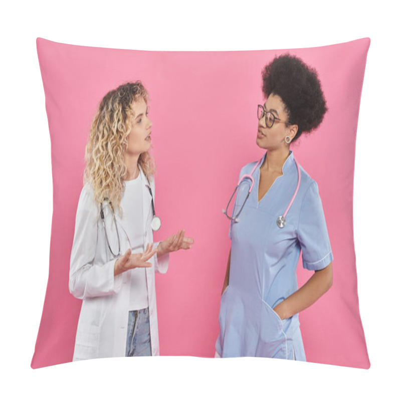 Personality  Oncologists Chatting, Interracial Doctors In White Coats On Pink Backdrop, Breast Cancer Awareness Pillow Covers