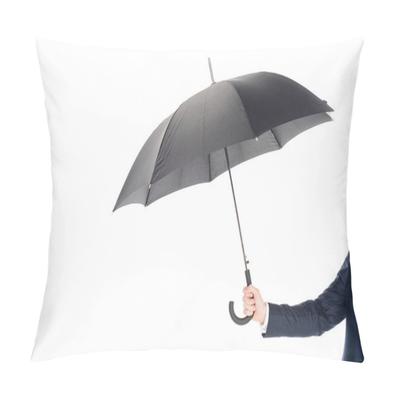 Personality  Cropped View Of Businessman Holding Black Umbrella Isolated On White Pillow Covers