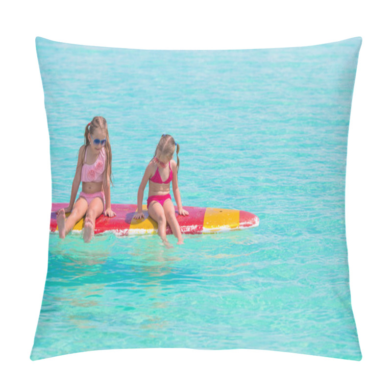 Personality  Little Adorable Girls On A Surfboard In The Turquoise Sea Pillow Covers