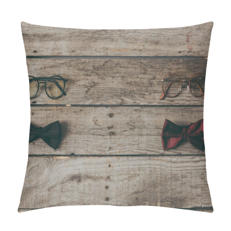 Personality  Stylish Bow Ties And Eyeglasses On Tabletop Pillow Covers