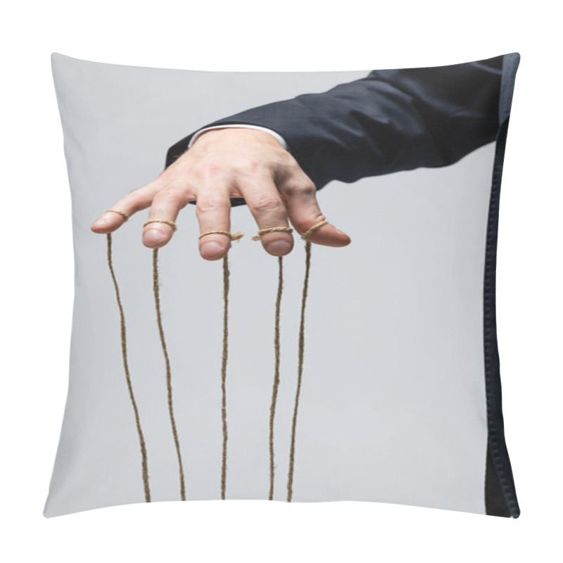 Personality  Partial View Of Puppeteer In Suit With Strings On Fingers Isolated On Grey Pillow Covers