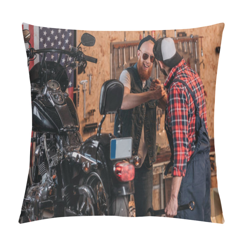 Personality  Repair Worker Greeting Customer At Custom Garage Pillow Covers