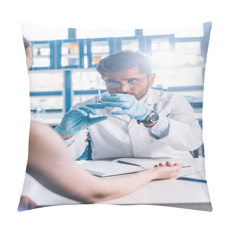 Personality  Selective Focus Of Allergist In Latex Gloves Holding Syringe Near Woman In Clinic  Pillow Covers