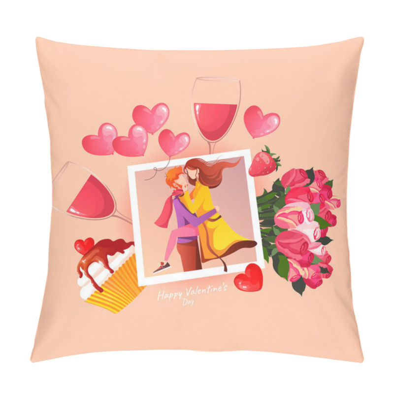 Personality  Photo With A Couple In Love. Cupcake, Glasses Of Red Wine, Flowers And Heart Balloons. Valentine's Day, Romantic, Love Concept. Vector Illustration For Banner, Website, Poster, Card.   Pillow Covers