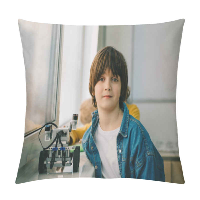 Personality  Little Kid With Diy Robot At Stem Education Class Pillow Covers