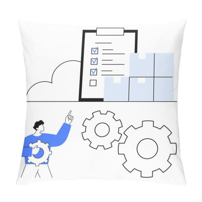 Personality  Man Pointing At Checklist And Box Stacks With Gears, Indicating Organization And Process Management. Ideal For Project Planning, Inventory Management, Workflow Optimization, Teamwork, Productivity Pillow Covers