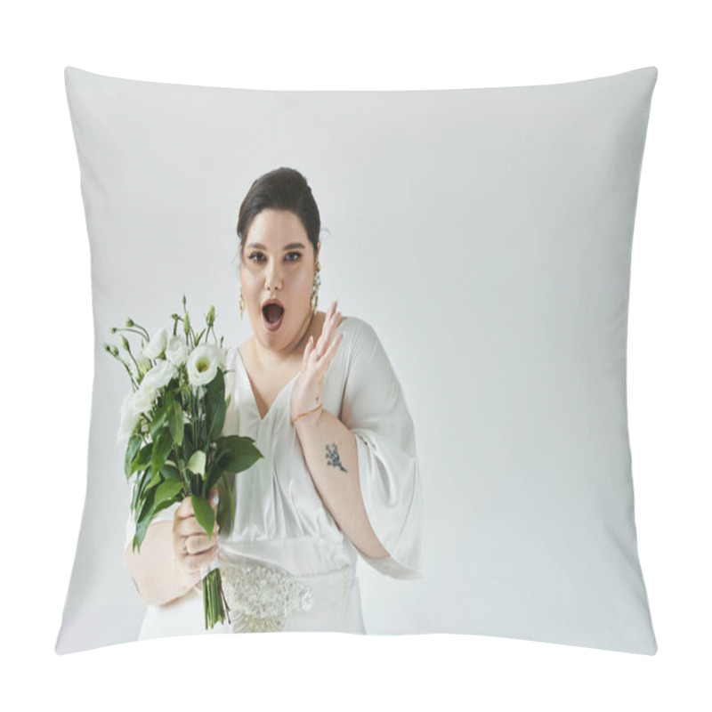 Personality  Amazed Plus-size Bride In A Stunning Gown Waves While Holding A Bouquet Of Fresh Flowers. Pillow Covers