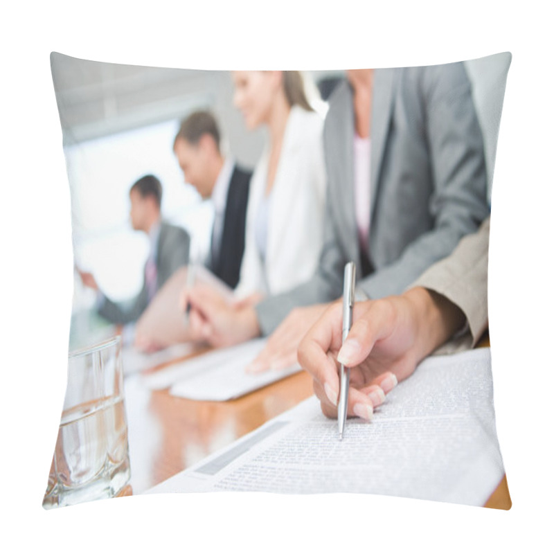 Personality  Woman's Hand With Pen Over Document On Background Of Business Group Pillow Covers