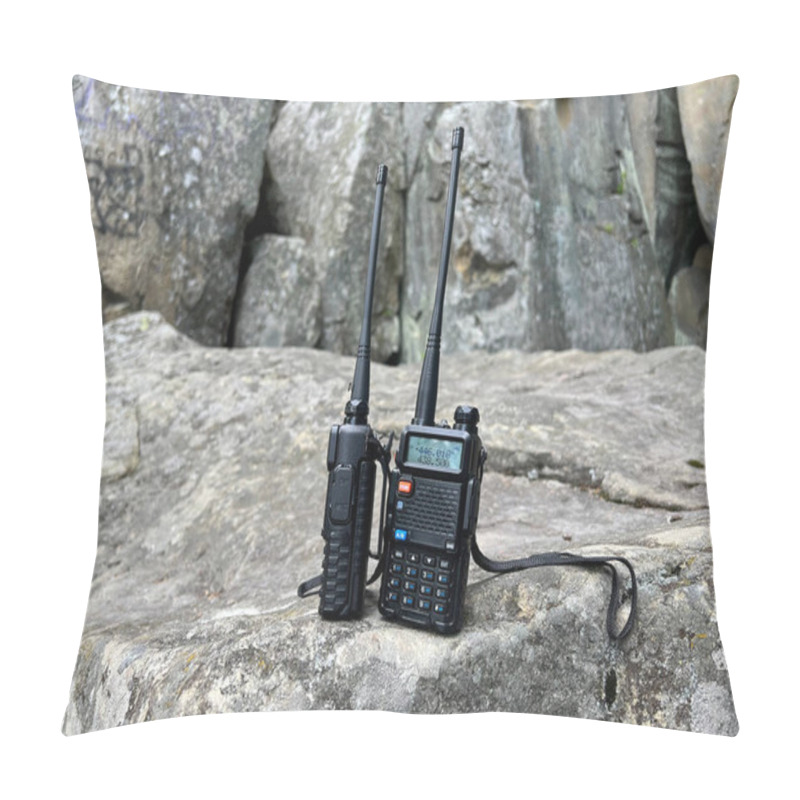 Personality  Walkie Talkies On The Rocky Background. Concept Of Wireless Communications. Off Grid Communication Methods. Communications With Team During A Search And Rescue Operation. Pillow Covers