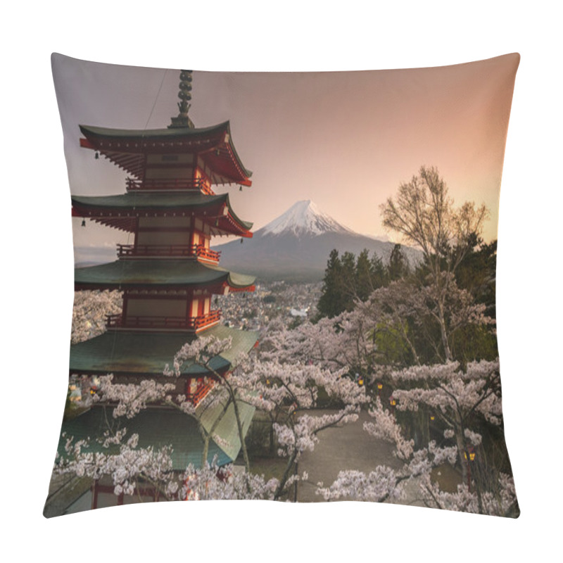 Personality  Beautiful View Of Mountain Fuji And Chureito Pagoda With Cherry Blossom In Spring, Fujiyoshida, Japan Pillow Covers