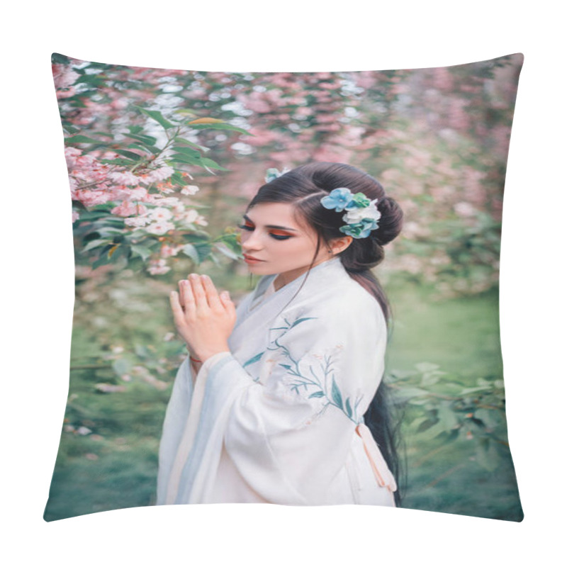 Personality  Beautiful Woman Prays In Divine Beauty Spring Blooming Sakura Garden. Hands Folded For Prayer. Asian Girl Oriental Hairstyle Long Black Hair Decoration Flowers Matsuba Kanzashi. National China Costume Pillow Covers