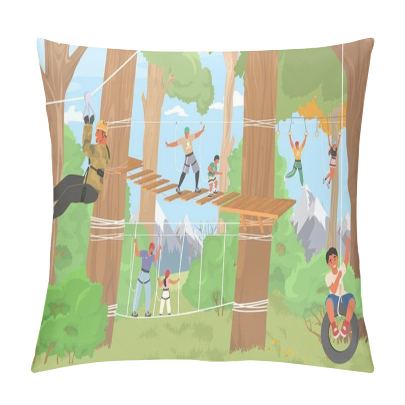 Personality  Rope Adventure Park Flat Vector Illustration. Happy Adult People And Children Climbing Trees, Overcoming Obstacles Enjoy Extreme Recreation Time Outdoors Pillow Covers