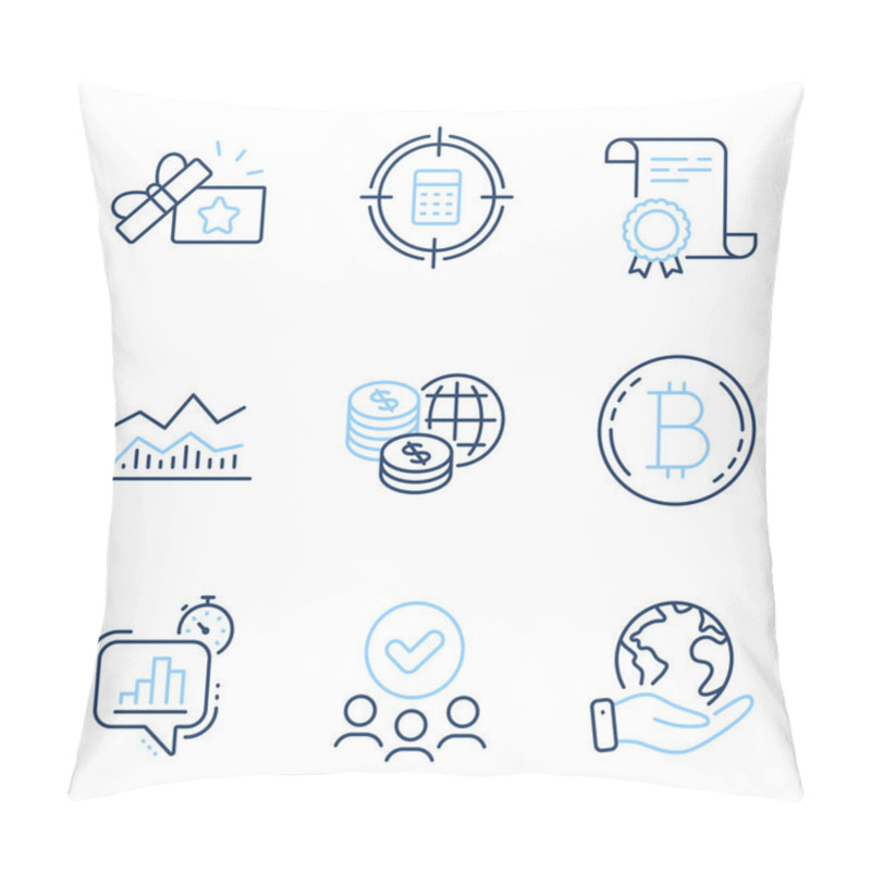 Personality  Bitcoin, Statistics Timer And Calculator Target Line Icons Set. Diploma Certificate, Save Planet, Group Of People. Trade Infochart, Loyalty Gift And World Money Signs. Vector Pillow Covers