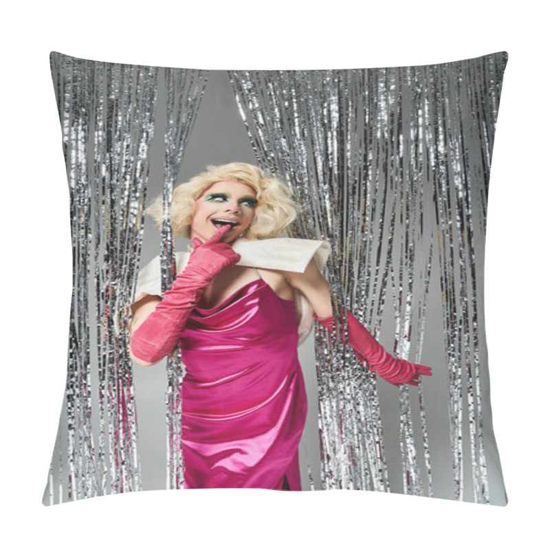 Personality  A Young Drag Artist Poses Playfully In Stunning Pink Attire Against Shimmering Curtains. Pillow Covers