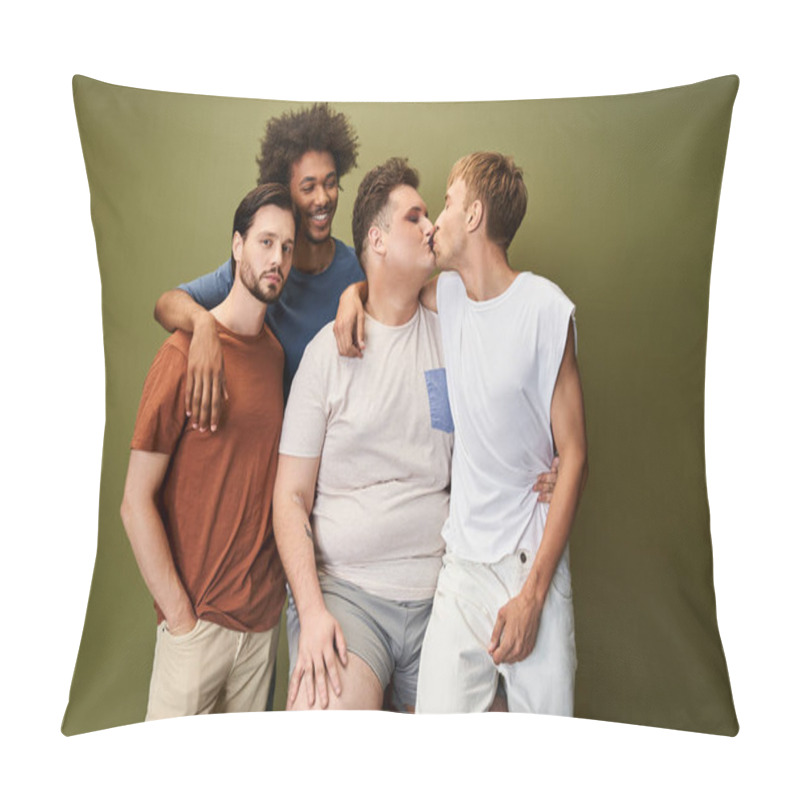 Personality  A Group Of Four Friends Joyfully Embraces Their Bonds And Shared Love In A Colorful Backdrop. Pillow Covers