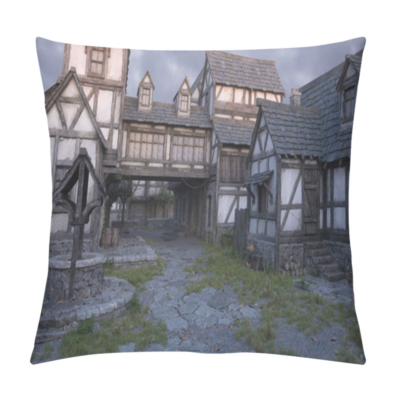 Personality  Cobbled Street In An Old Medieval Village Or Town With Timber Framed Houses And A Well. 3D Rendering. Pillow Covers