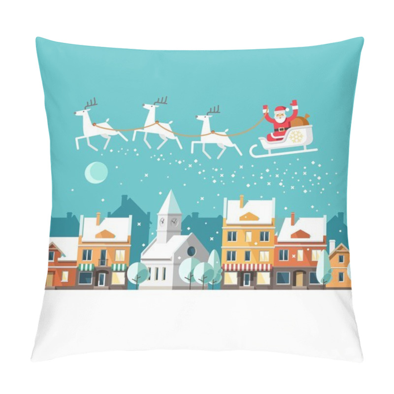 Personality  Santa Claus On Sleigh And His Reindeers. Winter Town. Urban Winter Landscape. Pillow Covers