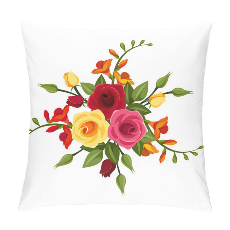 Personality  Red And Yellow Roses And Freesia Flowers. Vector Illustration. Pillow Covers