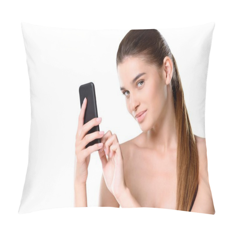 Personality  Young Woman Using Smartphone Pillow Covers