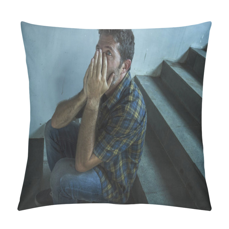 Personality  Dramatic Lifestyle Portrait Of Young Depressed And Sad Man Sitting Outdoors On Dark Street Staircase Suffering Depression Problem And Anxiety Crisis Crying Desperate Pillow Covers