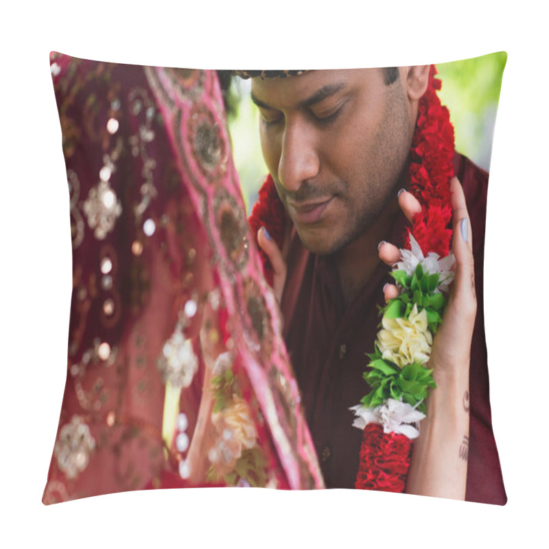 Personality  Indian Bride Wearing Floral Garland On Bridegroom Outside Pillow Covers