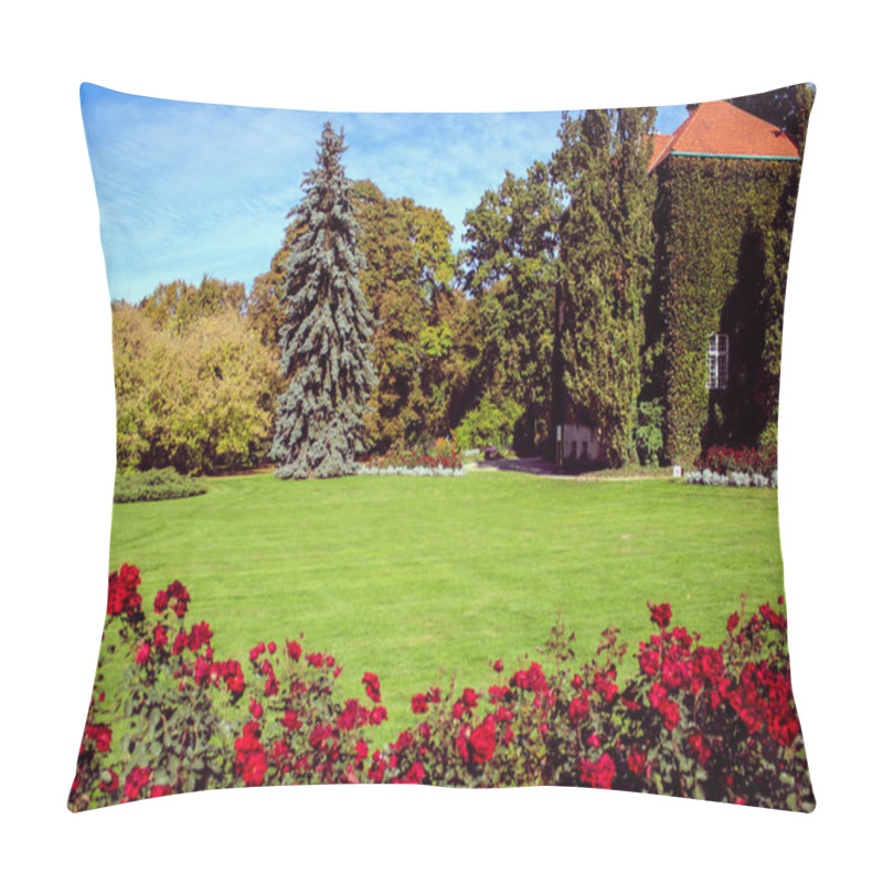 Personality  Beautiful Flower Bed With Rose Bushes And Behind It A Green Lawn Pillow Covers