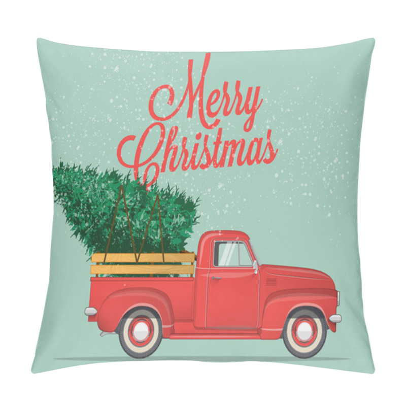 Personality  Merry Christmas And Happy New Year Postcard Or Poster Or Flyer Template With  Pickup Truck With Christmas Tree. Vintage Styled Vector Illustration. Pillow Covers