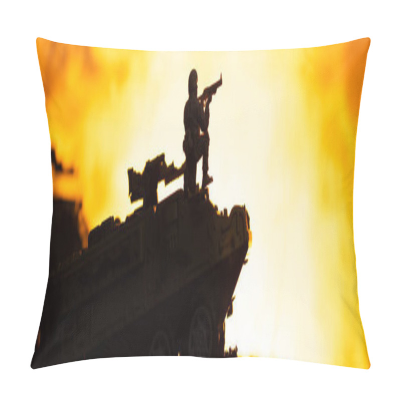 Personality  Battle Scene With Silhouette Of Toy Soldier On Tank With Fire At Background, Panoramic Shot Pillow Covers