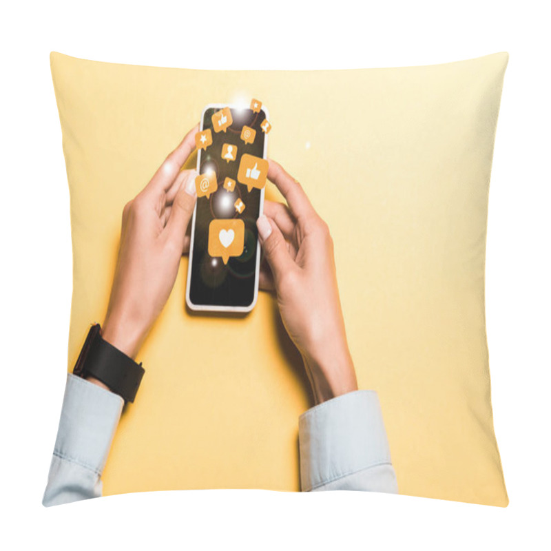 Personality  Cropped View Of Woman Holding Smartphone With Speech Bubbles With Signs On Orange Pillow Covers