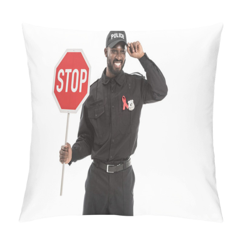 Personality  Smiling African American Police Officer With Aids Awareness Red Ribbon And Stop Road Sign Isolated On White Pillow Covers