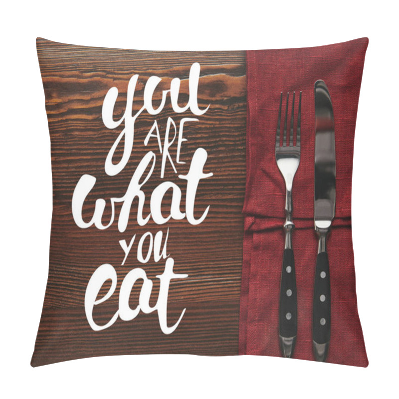 Personality  Top View Of Fork And Knife On Dark Red Tablecloth On Wooden Background With 